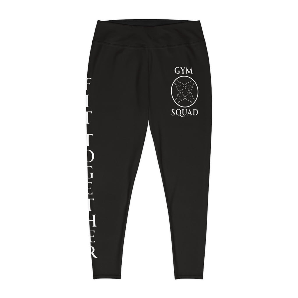 Plus Size Triple Logo Gym Squad Leggings — 'Fit Together' Black Workout AOP